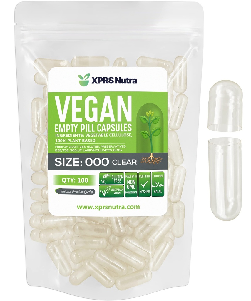 XPRS Nutra Vegan Size 000 tomma kapslar - 100 greve Clear Empty Vegan Capsules - Vegetarian Pill - DIY Vegetabilisk kapselfyllning - Veggie Caps Pills