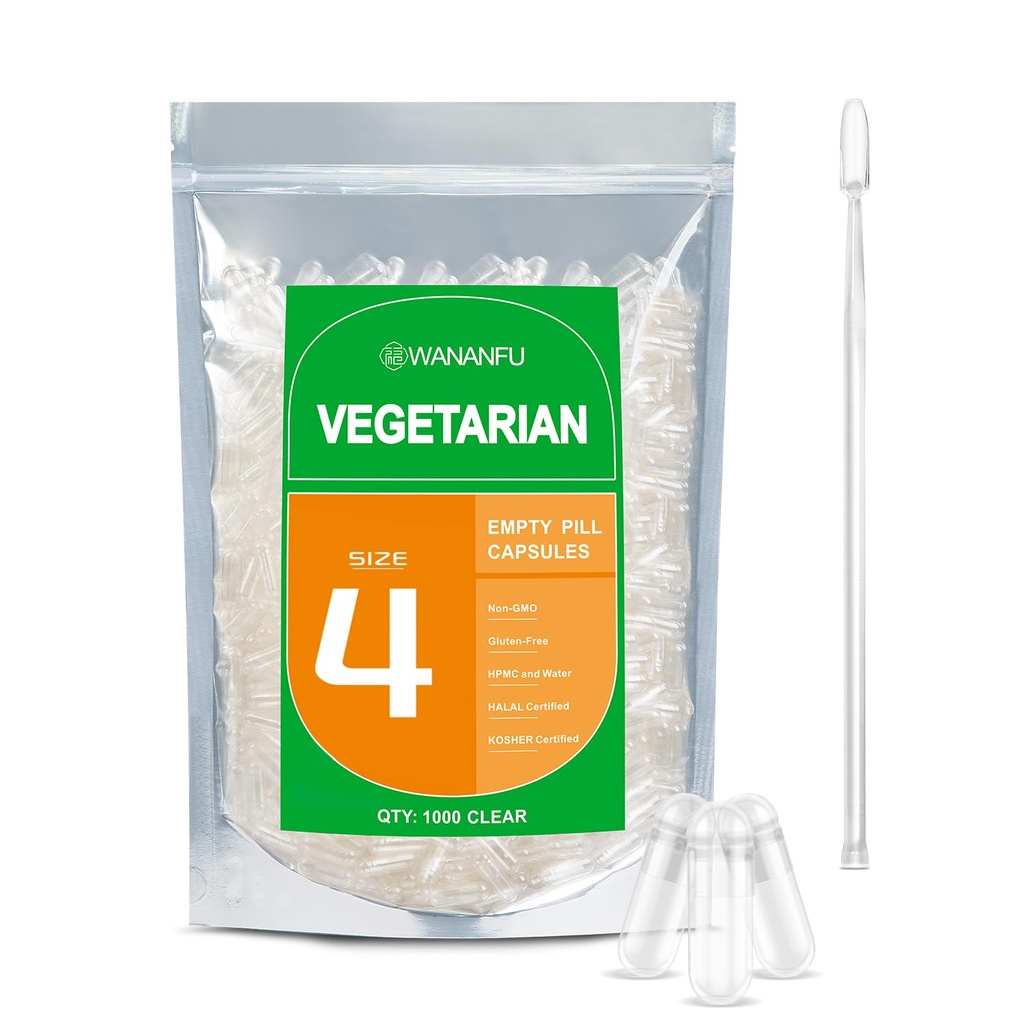wananfu Size 4 Empty Capsules Vegetarian (500 Count) Bundle med 2 Micro Lab Spoons, Clear Fillable Veggie Pill Capsules Storlek 4 för att göra dina egna tillägg