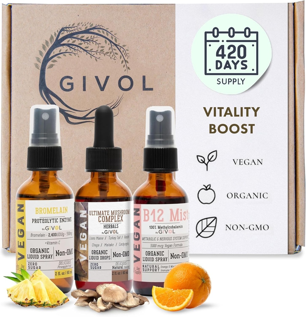 Vitalitet Boost Bundle Liquid Spray - Ultimate Mushroom Complex, Bromelain, B12 Methylcobalamin - Komplett Multivitamin - Plant- Baserat, Non-GMO, Gluten Free, Sugar Free 2 Fl Oz (420 Dagar Leverans)