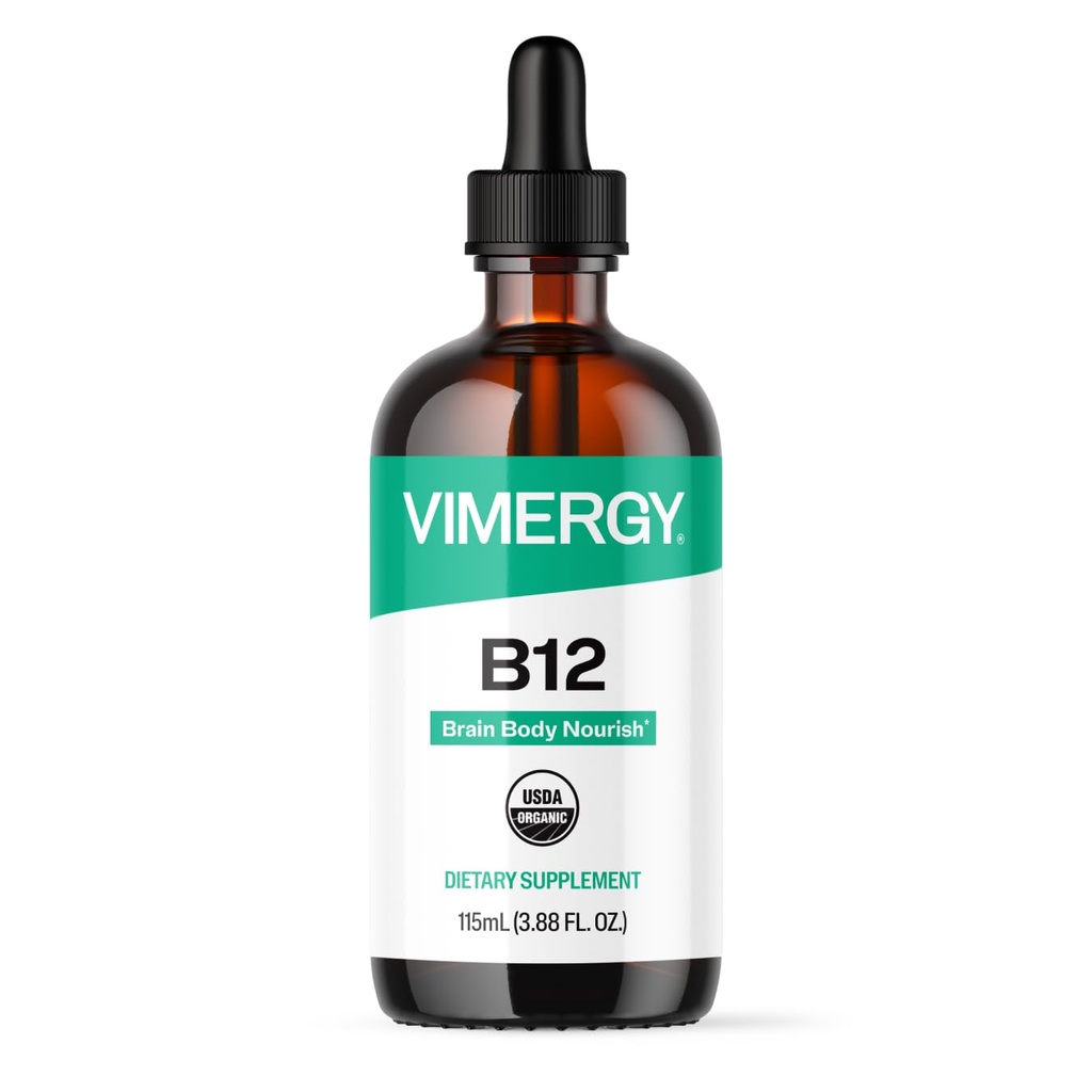 Vimergy Organic Liquid Vitamin B12 Supplement 2500 mcg, Methylcobalamin & Adenosylcobalamin Fast-Absorbing Energy Support USDA Organic, Vegan, Non-GMO B12 Vitaminer för kvinnor och män 115 Servering (115 ml)
