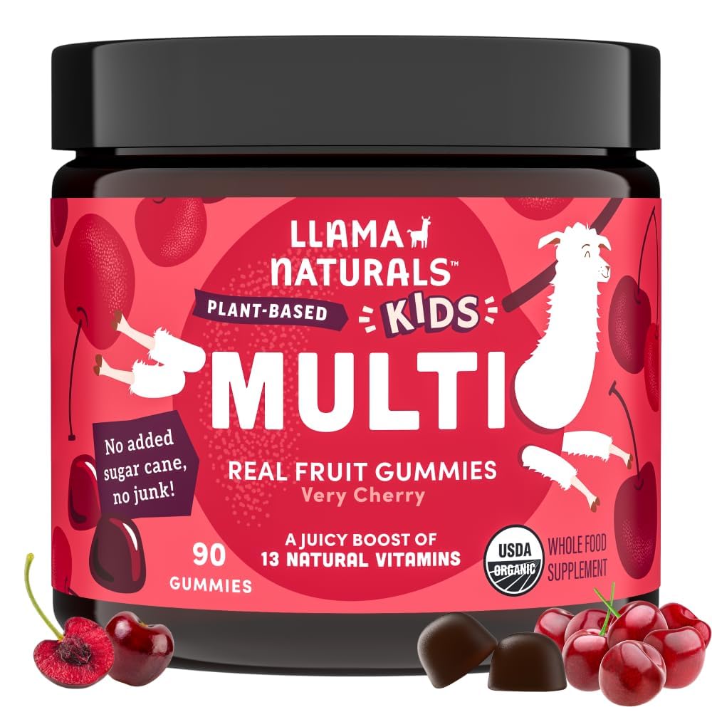 Llama Naturals Kids Multivitamin Gummies, Vegan, Organic med vitamin D, C & K, Toddler Real Fruit Gummy Vitaminer, Chewable Supplement, Whole Food Multivitamin, No Added Sugar Cane, Cherry, 90 Ct