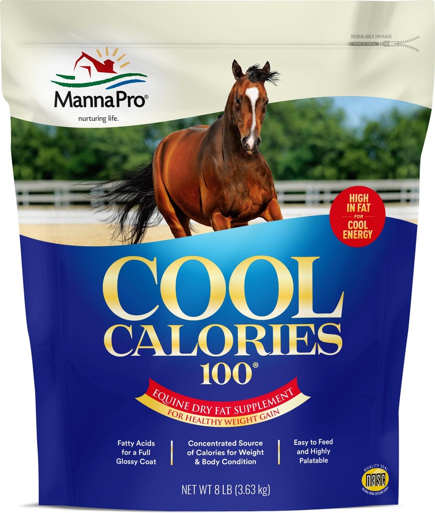 Manna Pro Cool Calories 100 - Equine Fat Supplement för hästar, stöder hälsosam viktökning, Muscle Maintenance & Shiny Coat, Concentrated Dry Fat Calorie Booster, Low-Starch Formula, 8 lb Bag