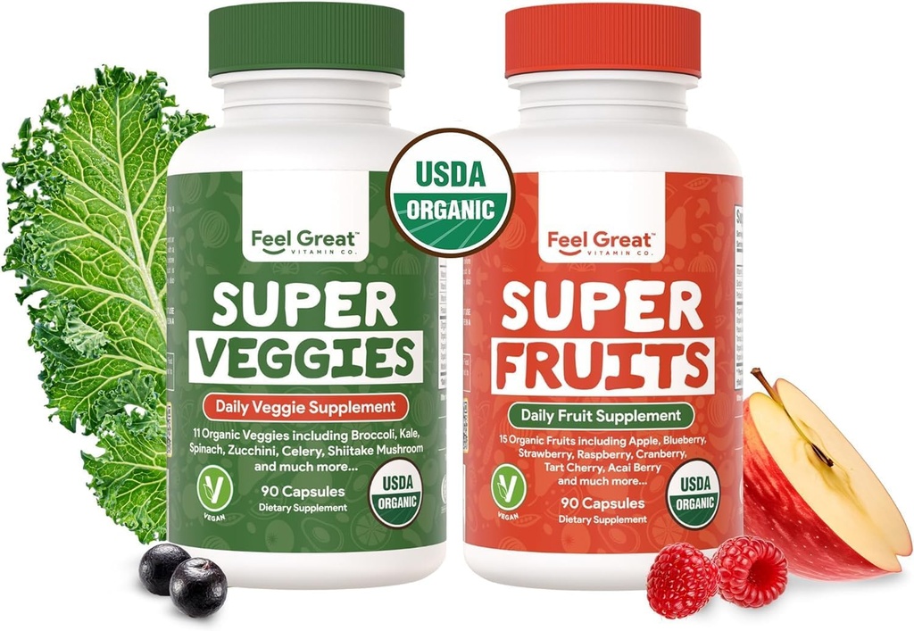 Känn bra USDA Organiska frukt och grönsaker tillskott | 20 + Super Reds & Greens för naturligt energistöd | Vegan frukt och Veggie Vitamins | 2 Pack 90 greve