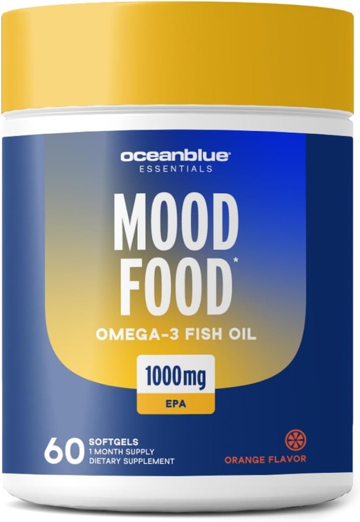 Oceanblue Essentials Mood Food Omega 3 | Triple Strength Fish Oil 1000mg EPA för humörstöd | Burpless Mini Softgels | Hjärthälsa, icke-GMO (60 greve)