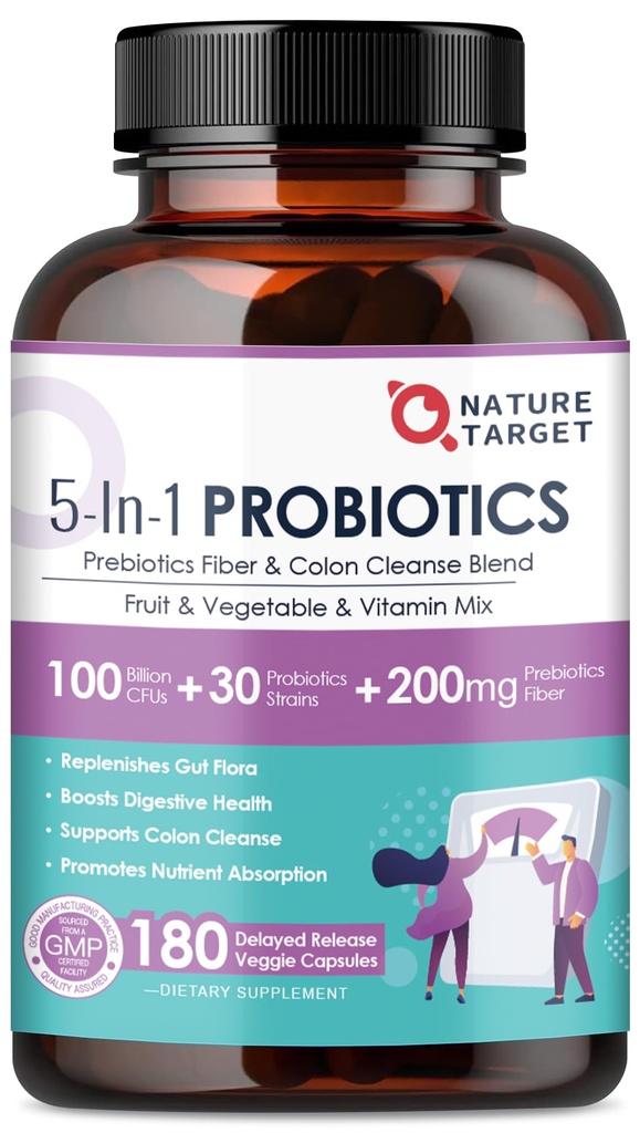 NATURE TARGET Probiotics for Women-Men Digestive Health, Mens-Womens Probiotic with Prebiotics, 100 Billion CFUs for Gut and Immune Health, 180 Veggie Capsules (90 Days Supply)