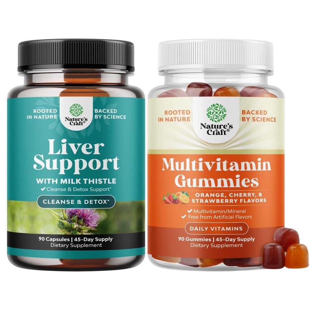 Bundle of Liver Cleanse Detox & Repair - Silymarin Milk Thistle Dandelion Root Choline Beetroot Artichoke Extract and Multivitamin Gummies for Adults - Halal Multivitamin Gummy with B12 Biotin