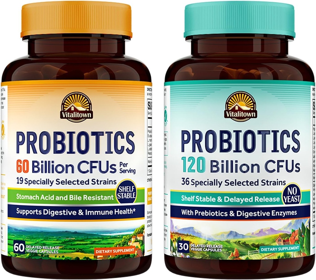 Vitalitown Probiotic Bundle (Pack of 2) | Probiotika 60 miljarder CFUs (punkt 1) & Probiotika 120 miljarder CFUs (punkt 2) | Shelf Stable | Digestive & Immune Health | 30 Day Supply