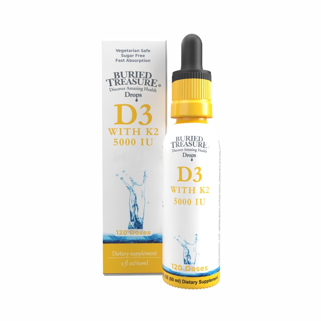 Buried Treasure Vitamin D3 & K2 Drops - 5000 IE D3 med 100 mcg K2 för ben, hjärta och immunstöd, sockerfri, 2 m oz