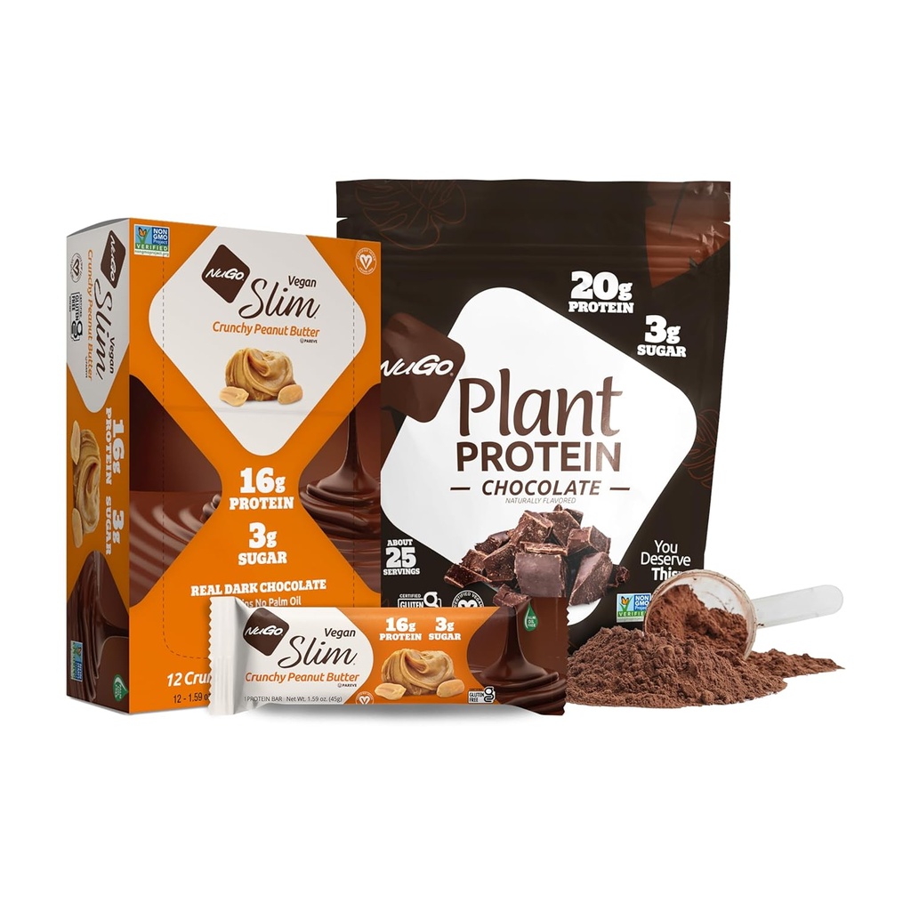 NuGo Slim Dark Chocolate Crunchy Peanut Butter, 17g Vegan Protein, 3g Sugar, 12 greve och NuGo Plant Protein Powder, 20g Protein, 3g Sugar, 25 portioner