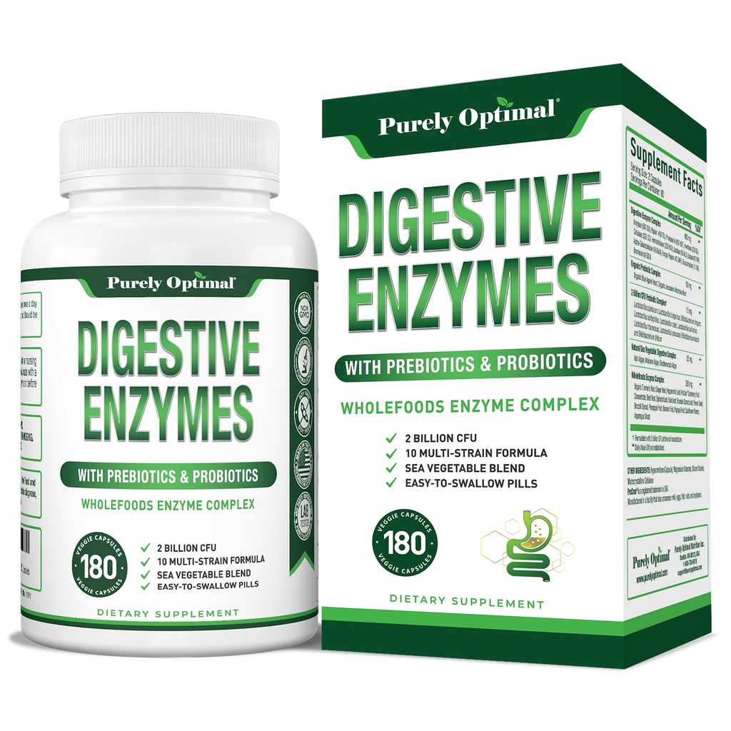 Purely Optimal Digestive Enzymes for Women and Men – Multi-Enzyme Supplement for Bloating Relief, Digestion and Heavy Meal Support – with Probiotics and Prebiotics for Gut Health – 180 Capsules