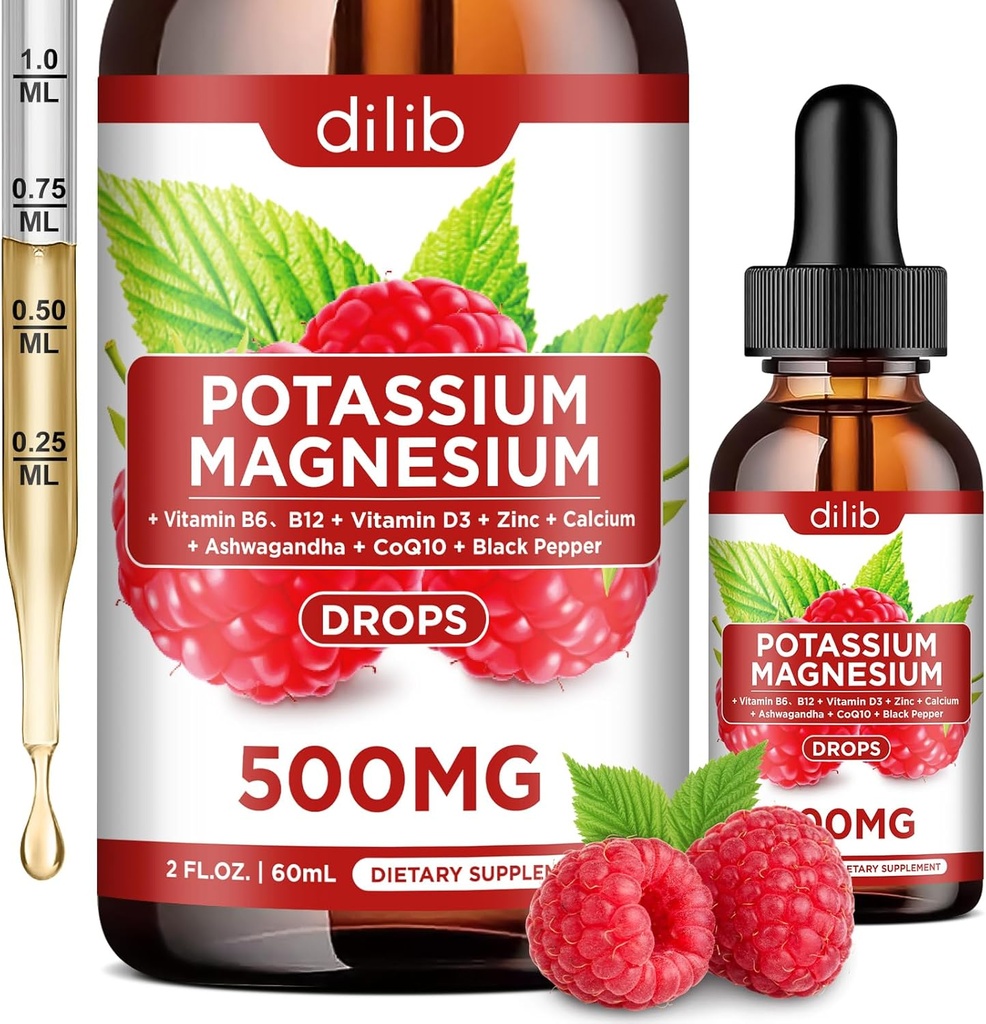 Kalium Magnesium Citrate Supplement, Liquid Magnesium Citrate Drops 500mg med Ashwagandha, Calcium, Zink, Vitamin D3, B6, B12, CoQ10 - Vegan 2 fl oz Raspberry Flavor