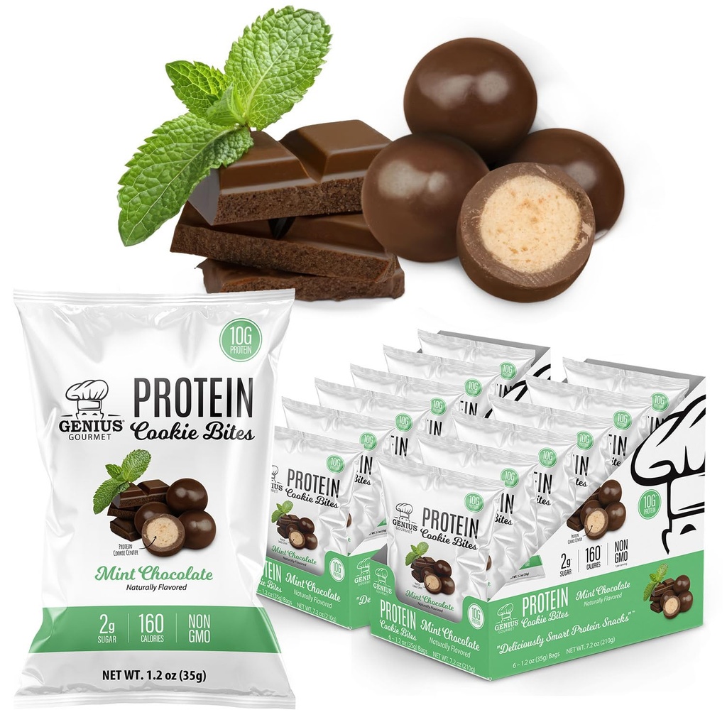 Genius Gourmet Protein Cookie Bites Mint Chocolate - 10g Protein, No Added Sugar, Low Carb, Non-GMO - Sweet Protein Desserts & Protein Snacks for Adults and Kids - 12 Bags