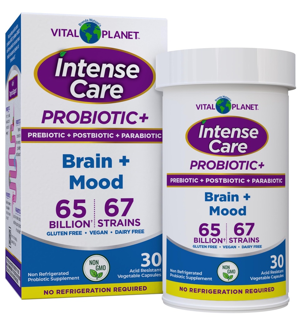 Vital Planet - Intense Care Brain & Mood Probiotics, Organic Prebiotics, Postbiotics, Parabiotics, Complete 4-in-1 Health Supplement för vuxna, 65 miljarder CFU, 67 Strains, Digestive och Immune 30 ct