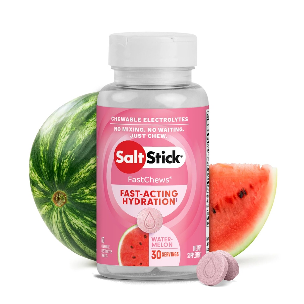 SaltStick Electrolyte FastChews - 60 Watermelon Chewable Tablets - Salt Tablets for Running and Hydration, Electrolyte Chews - 60 Count