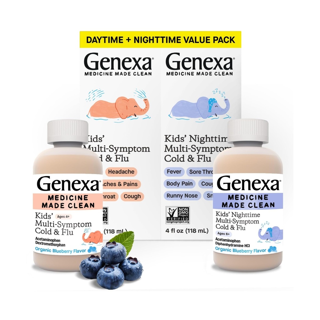 Genexa Kids' Clean Cold & Flu Relief Day/Night Multi-Symptom, Dye Free, 0% Artificial Additives, Children's Liquid Pain, Fever & Cough Medicine, Ages 4-11, Organic Blueberry Flavor, 8 fl oz (2 Pack)
