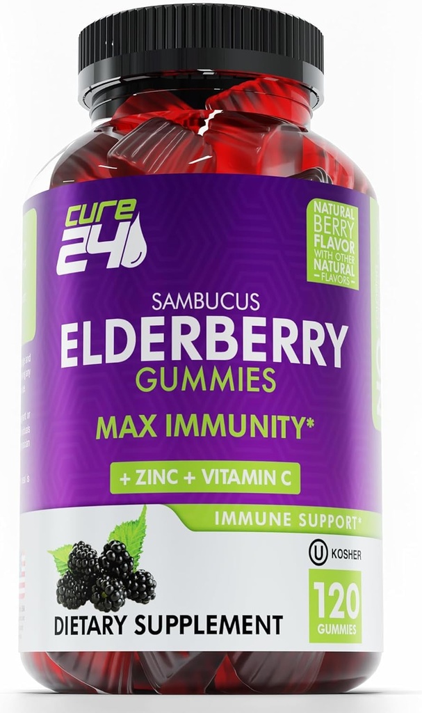 Sambucus Elderberry Gummies + Vitamin C + Zinc for Kids & Adults, X3 Immune Support, Natural Flavors + Ingredients, Vegan, Non-GMO, Made in USA (120)