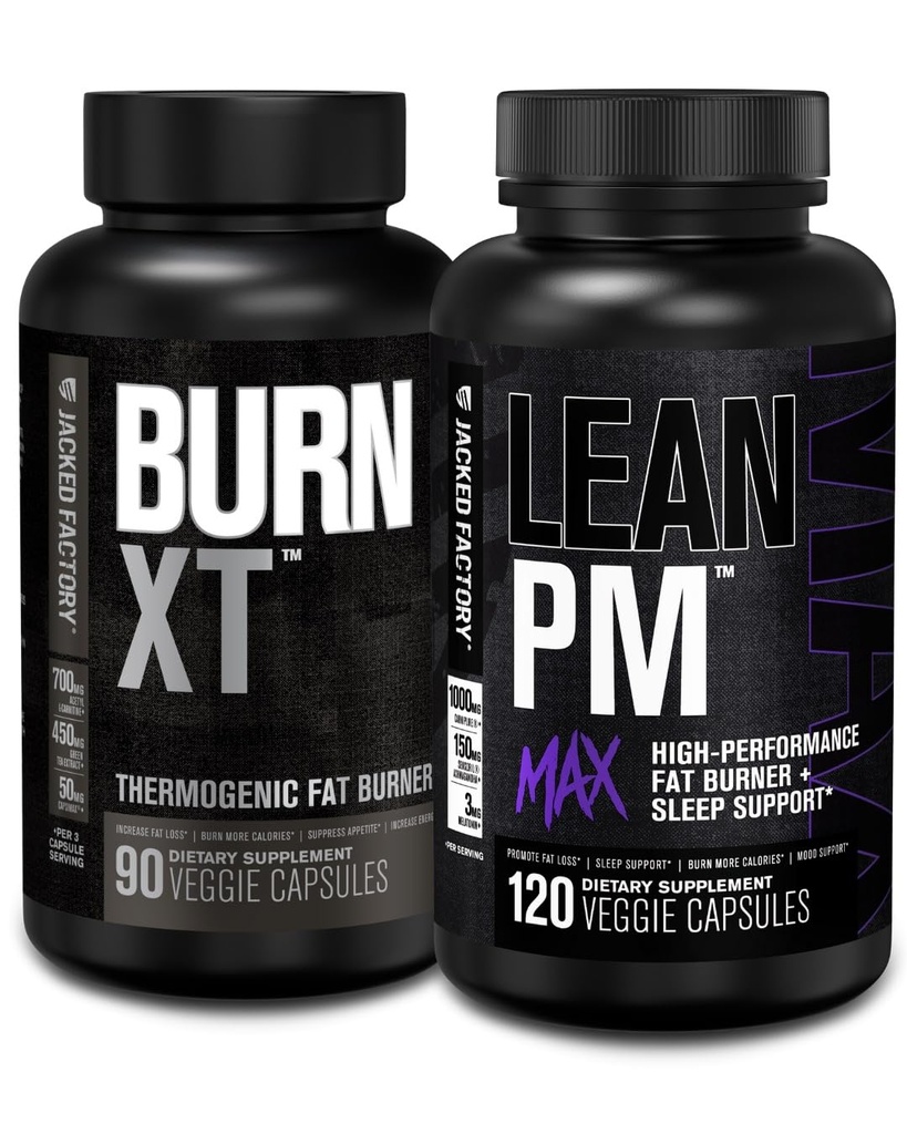 Jacked Factory Burn XT Thermogenic Fat Burner - Appetite Suppressant & Nootropic Energy Booster (90 kapslar) & Lean PM Max högpresterande viktminskning, sömnstöd | (120 kapslar)