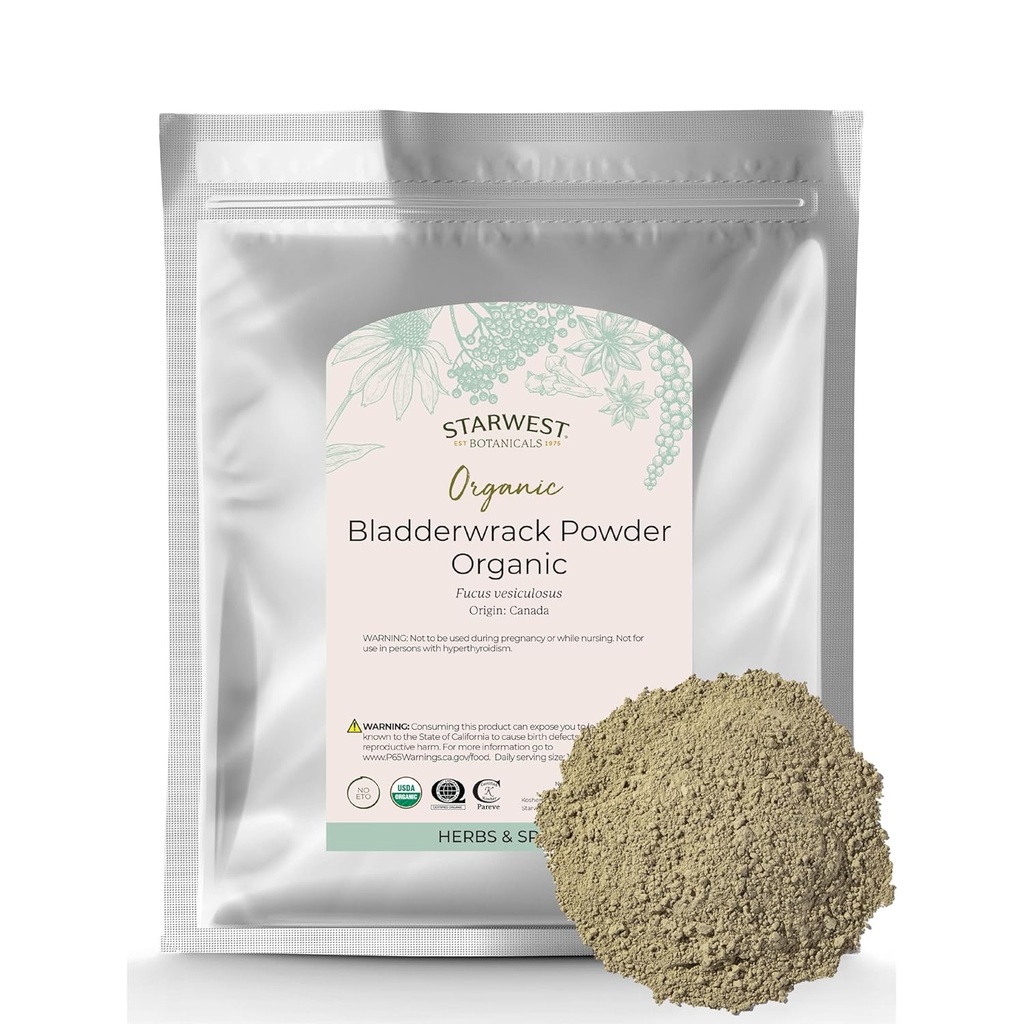 Starwest Botanicals Dried Bladderwrack Organic Powder - Natural Seaweed Herb, Källa av jod, kalium, Zink, Calcium, vitaminer A & C, Certified Kosher, Non-GMO - Bulk 1 lb Bag