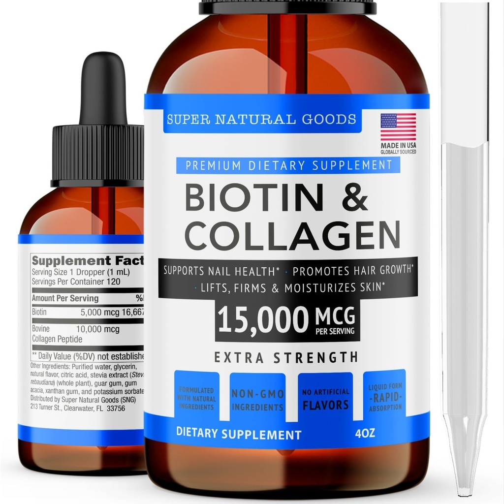 Super Natural Goods Biotin & Collagen Vitaminer - Hair Loss, Gut Health, Anti-Aging, Skin Care & Nails - Made in USA, Non-GMO & Cruelty Free (4 Ounce-15 000mcg)