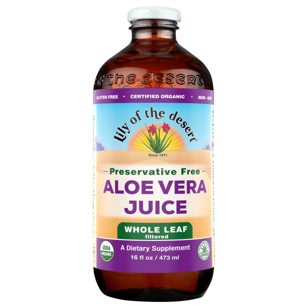 Lily of the Desert Aloe Vera Juice, Whole Leaf Filtered, Organic & Preservative Free – Natural Vitamins, Digestive Enzymes for Gut Health, Glowing Skin & Wellness, 16 Fl Oz