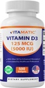 Vitamatic Vitamin D3 5000 IE (125 mcg) - 500 Mini Softgels Olive Oil-Based Formel - Cold-Pressed - 500-Day Supply - Stöder Ben, Muscle & Immune Health - Non-GMO & Gluten-Free