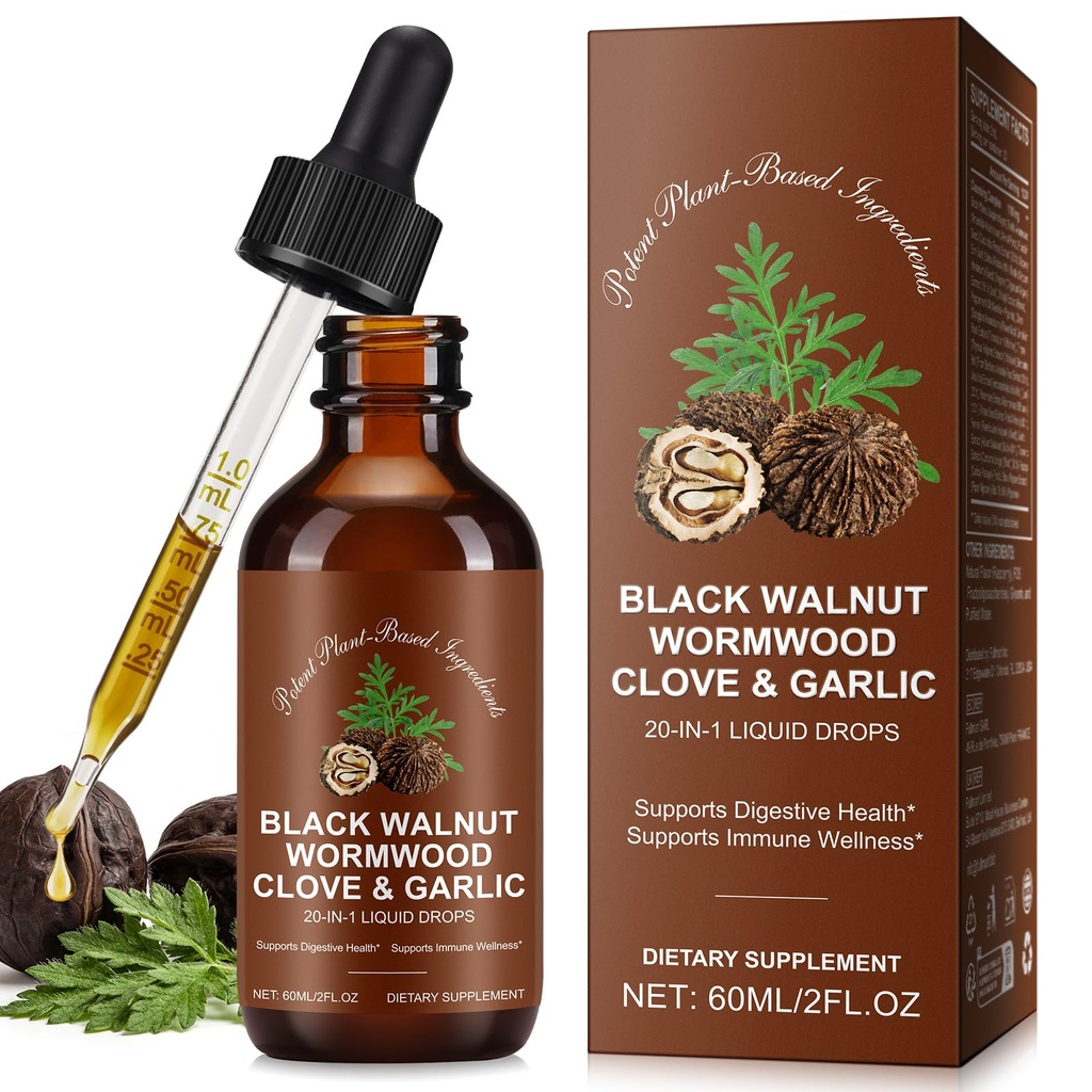 Black Walnut Wormwood Clove Tincture, 20-in-1 Wormwood Black Walnut Clove Cleanse for Humans Liquid Drops with Pumpkin Seed,Garlic,Oil of Oregano,Supports Gut Health & Nutrient Absorption, 2 FLOZ ﻿ ﻿