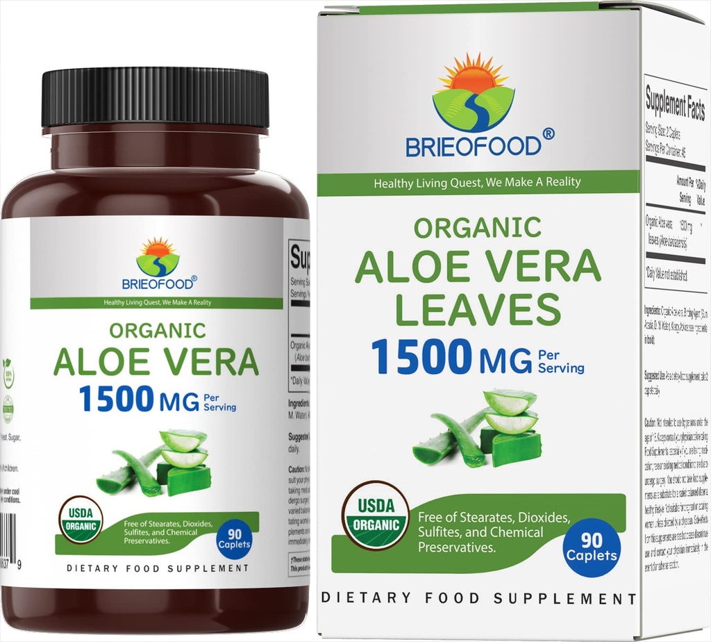 Brieofood Organic Aloe Vera 1500mg, 45 portioner, vegetariska, glutenfria, 90 vegetariska tabletter