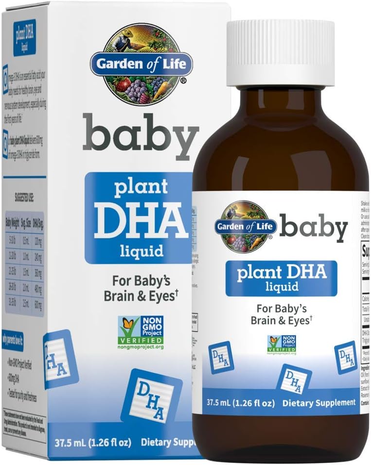 Garden of Life Baby DHA Drops, 600mg Omega 3 DHA Vegan för barnets hjärna och ögon från vegetariska vänliga växtbaserade källor (ingen fiskolja) för spädbarn och småbarn, 37,5 ml (1,26 ml oz) Liquid