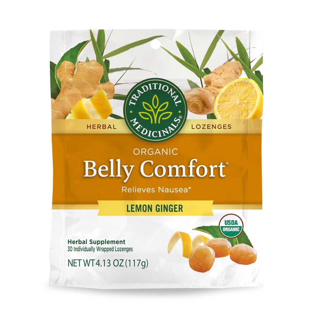 Traditionella Medicinals, Organic Belly Comfort Lozenges Lemon Ginger, Relieves Nausea, 30 Individually Wrapped Lozenges