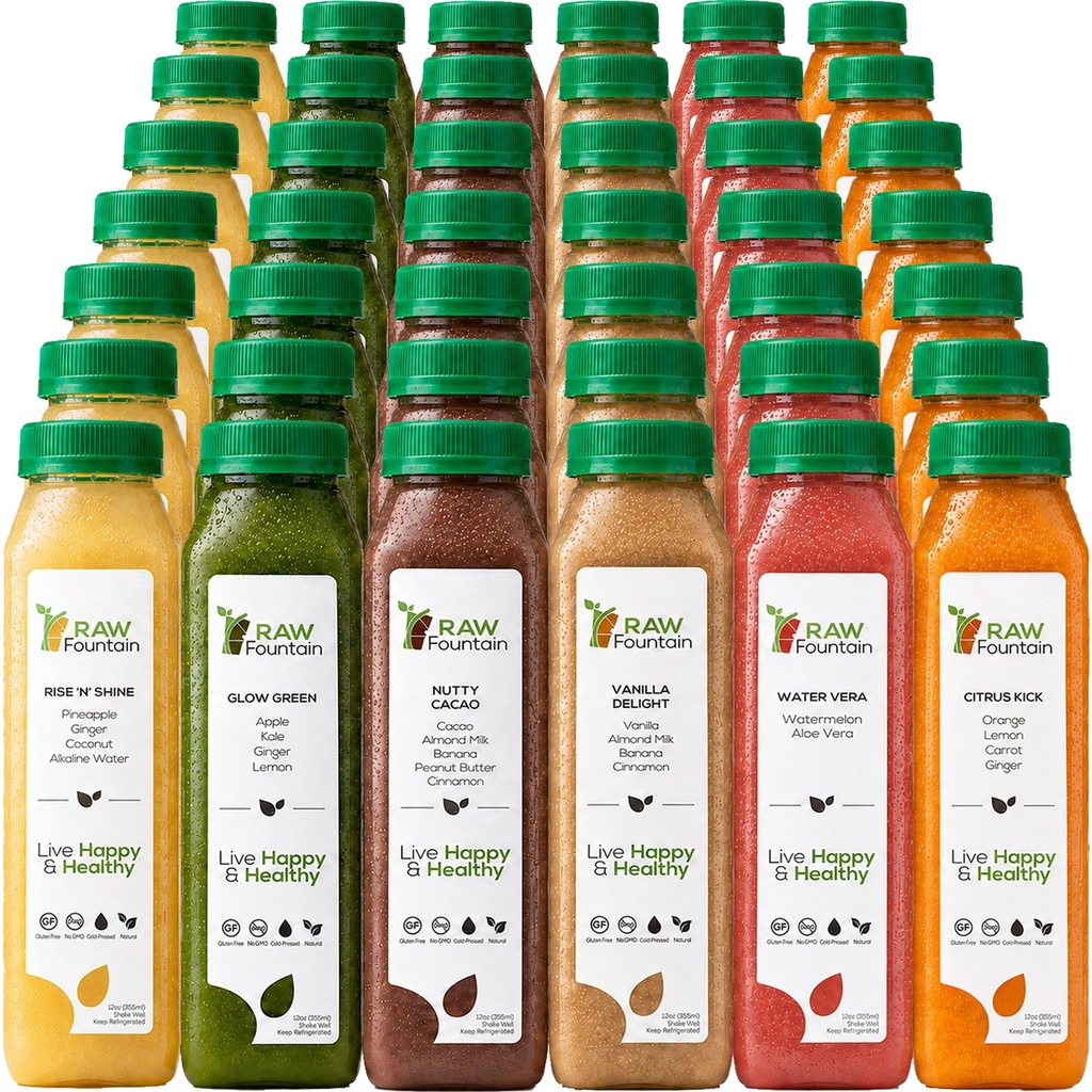 7 Day Protein Juice Cleanse av Raw Fountain, All Natural Raw Detox Cleanse, Cold Pressed Fruits, Vegetables, Vanilla och Chocolate Flavor, Tasty och Energizing, 42 Bottles 12oz, 3 Ginger Shots