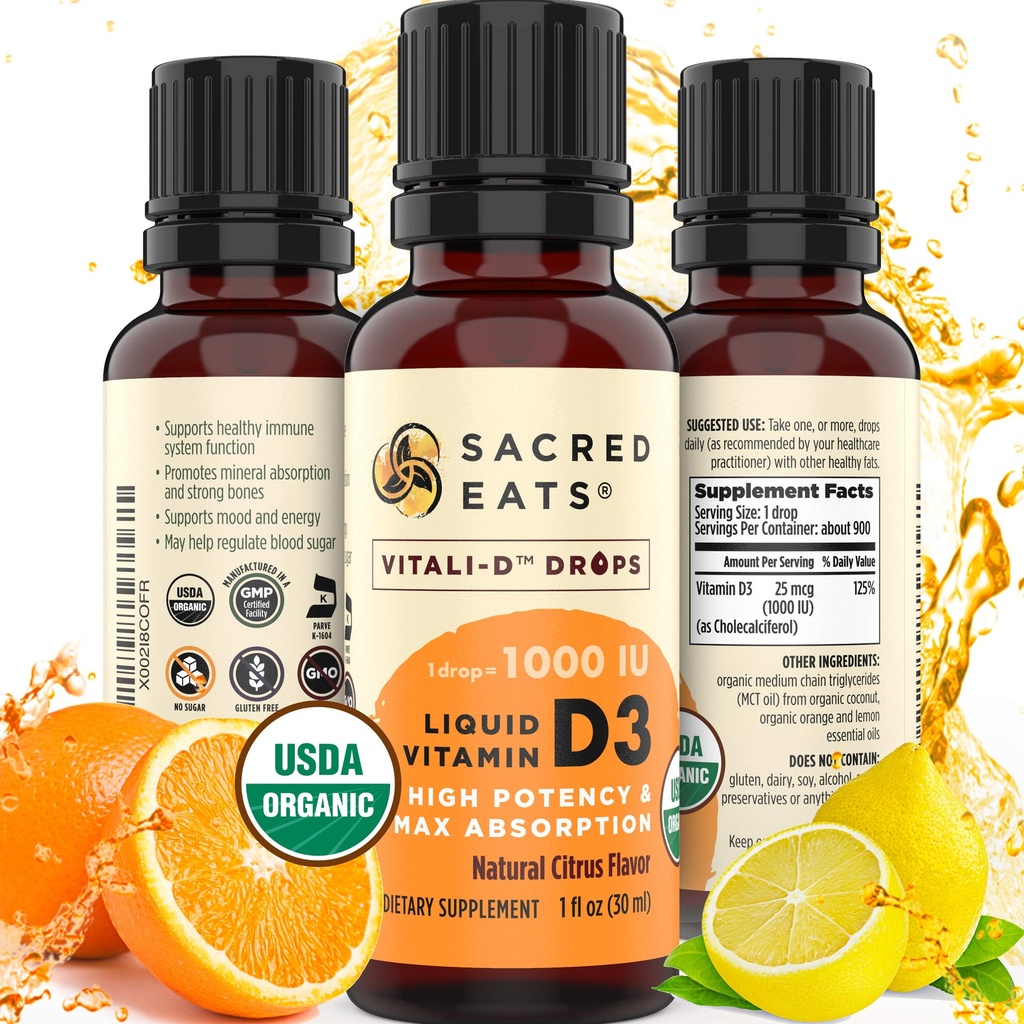Organic Liquid Vitamin D Drops for Kids & Adults, Sugar Free. Easy to Use 1,000 IU/Drop in Coconut MCT Oil. Lasts Months, Best for High Doses. Max Absorption VIT D3 Supplement. Great Taste (Citrus)