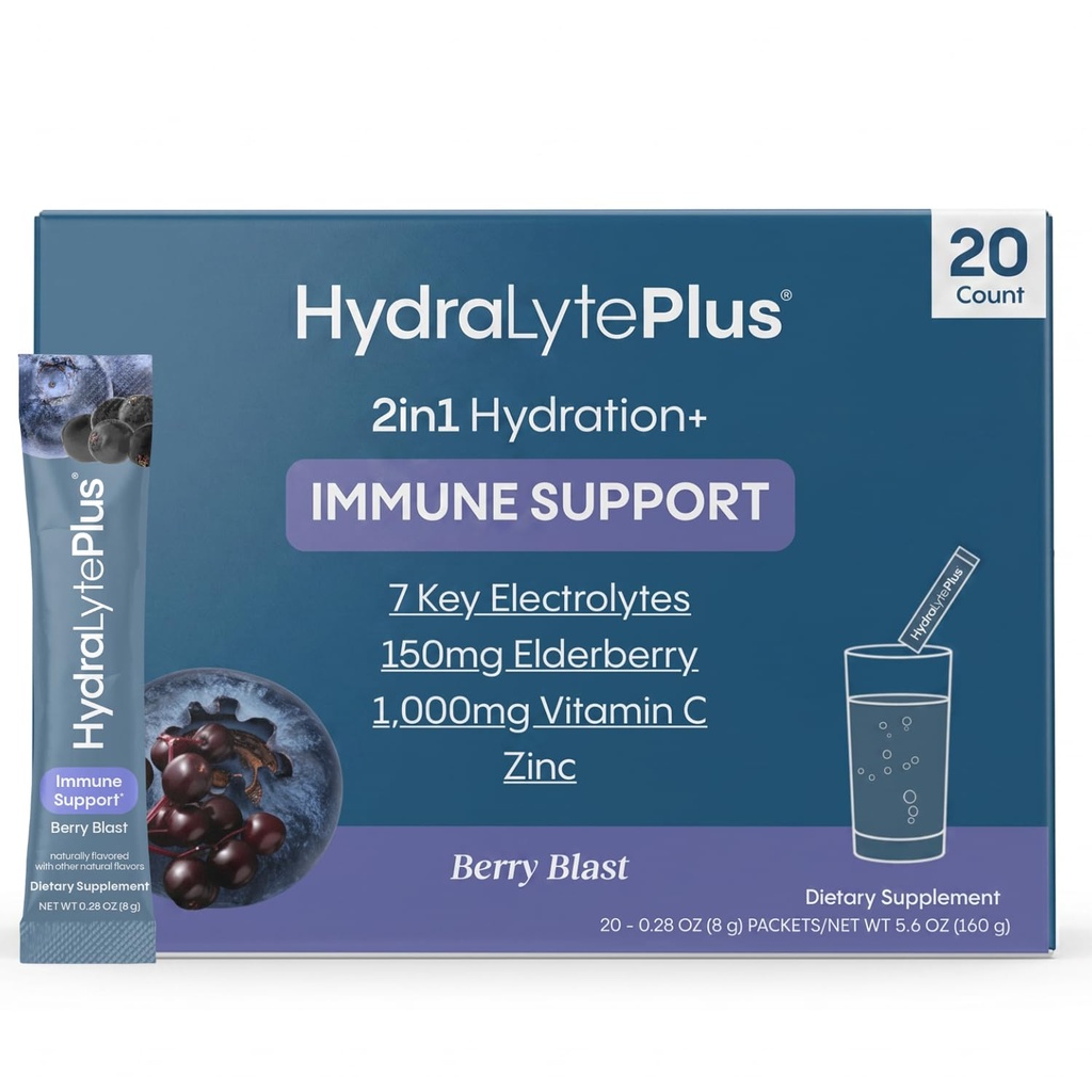 Hydralyte Electrolytes Plus Immunity, Elderberry - Low Sugar Rapid Rehydration Powder - Lätt mousserande Electrolyte Powder Packets med 1000mg Vitamin C och 300 mg Elderberry (8oz Serve, 20 Count)