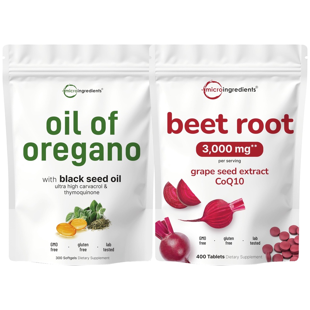 Micro Ingredients Oil of Oregano Softgels & Beet Root 3,000mg Tablets with Grape Seed + CoQ10 Bundle Pack | 4X Strength Thymoquinone with Black Seed | Natural Nitric Oxide Support