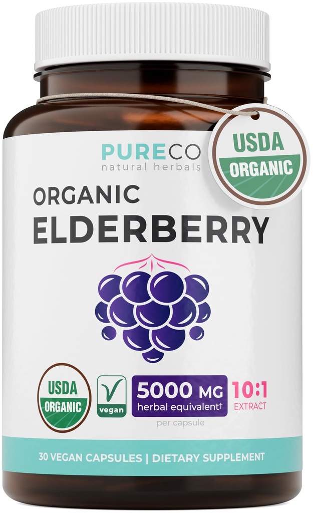 Organic Elderberry Capsules - 10:1 Extract Equals 5,000mg av Fresh Elderberries (Vegan) för Immune Support, Allergy, Sinus Relief - Sambucus Nigra - Black Elderberry - 30 Caps (Inga piller eller Gummies)