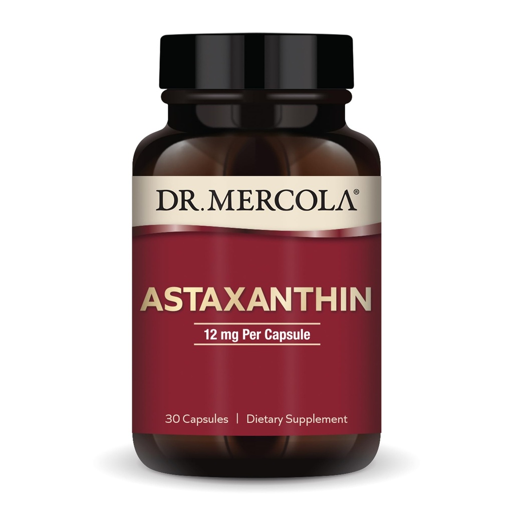 Dr Mercola Organic Astaxanthin - 12 mg Astaxanthin - Kraftfull Antioxidant Support - Organisk Microalgae Extract - Non-GMO, Gluten-Free & Soy-Free - 30 kapslar (30 portioner)