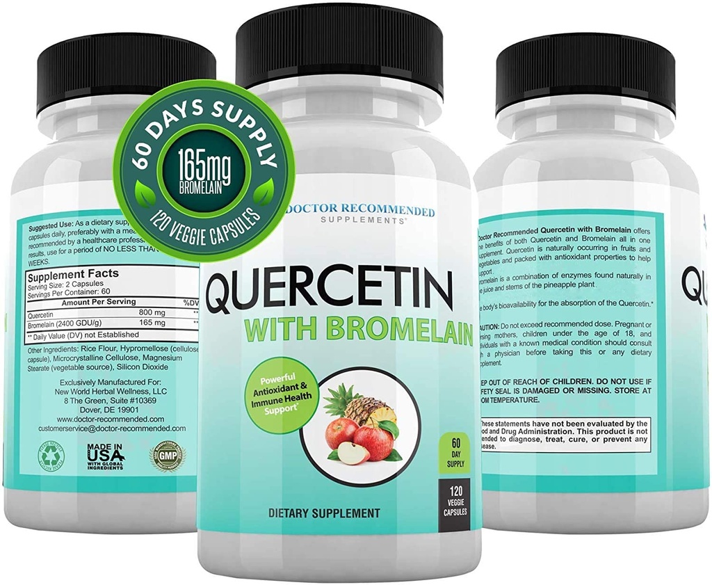 DOCTOR RECOMMENDED SUPPLEMENTS Quercetin 800mg w/Bromelain 165mg Per Serving- 120 Veggie Capsules-Full 60 Day Supply, Vitamin Supplement till Support & Bioflavonoids, Gluten Free, Non-GMO