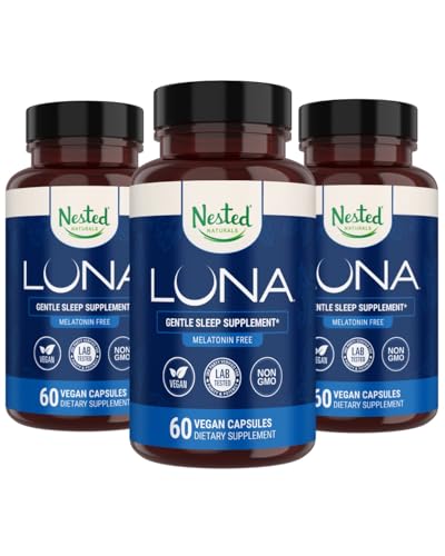 Nested Naturals Luna Melatonin Free, Non-Habit Forming Herbal Sleep Supplement w/Chamomile, Valerian, L-Theanine, 180 Vegan Capsules (60 kapslar per flaska)