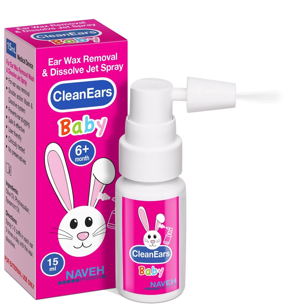 NAVEH PHARMA® CleanEars Baby | Fast-Acting Ear Wax Removal Spray | Bryter ner och löser Earwax i bara 1 Behandling | Kliniskt bevisad att vara 300% mer effektiv | Mineral Oil, Gentle & Safe | 0,5 OZ