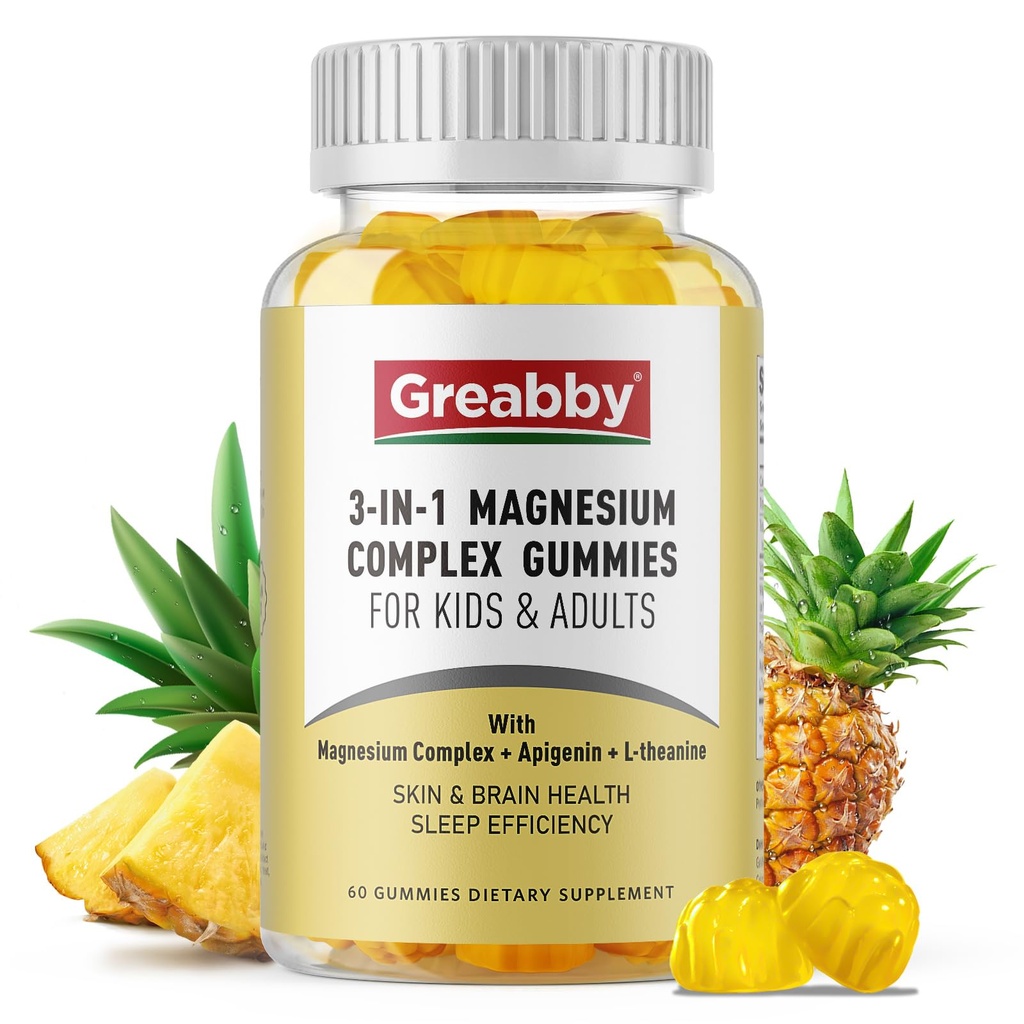 Triple Magnesium Complex Gummies - 800mg Magnesium Glycinate & Citrate, Apigenin & L-Theanin, för barn & vuxna, naturligt sover och muskelkramper (60 greve)