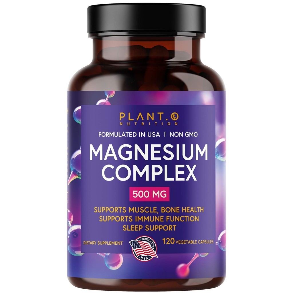 Plant.O Premium Magnesium Supplement [Vegan Oxide & Citrate, 500mg] Hög Absorption Komplex för sömn, lugn, muskelavslappning, naturlig energi, icke-GMO 120 Veggie kapslar