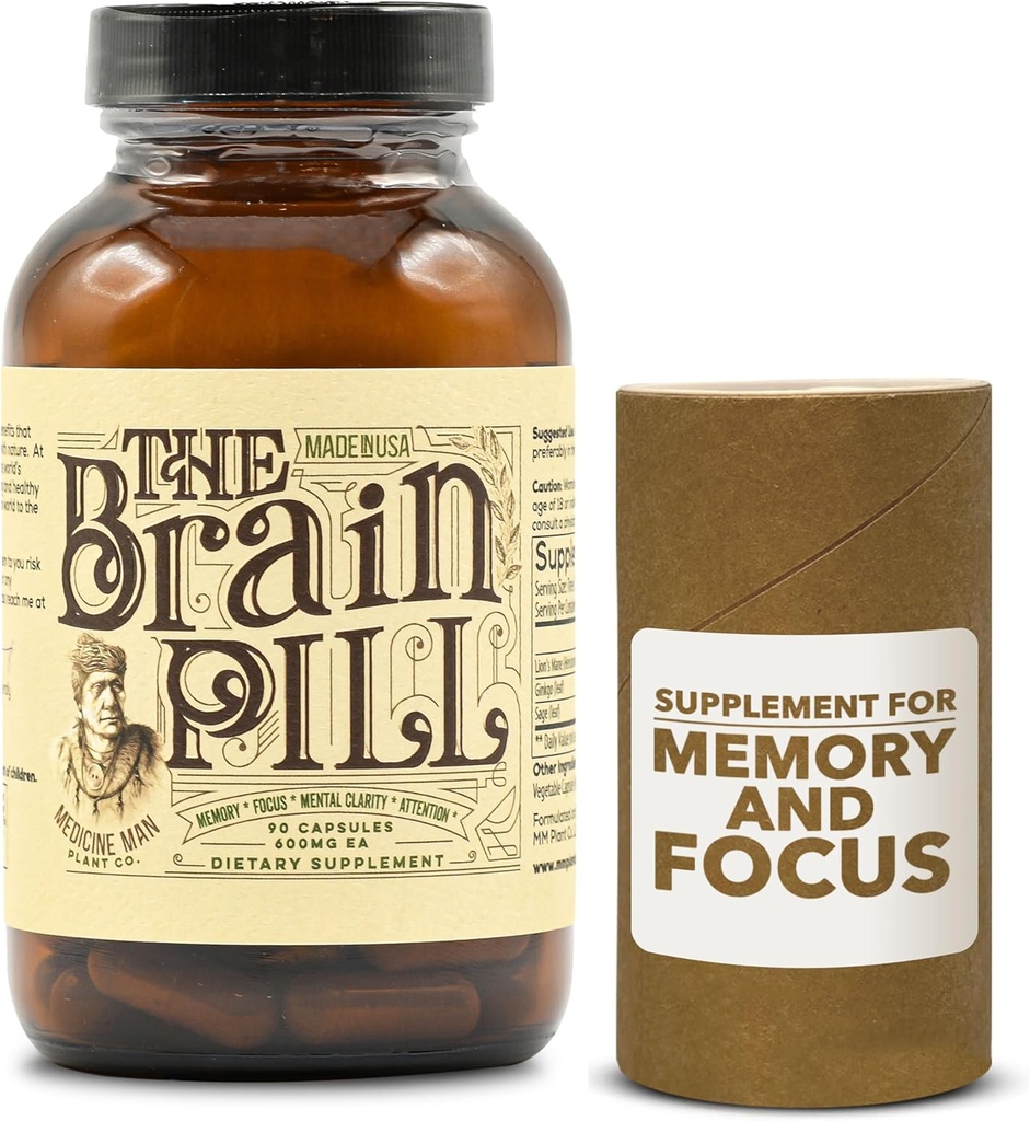 Hjärnpiller 90 kapslar - organisk hjärnbooster tillskott - minnespiller för hjärn w / Ginkgo Biloba kapslar, Lion's Mane & Sage - Brain Booster tillskott för fokus, minne, klarhet, energi