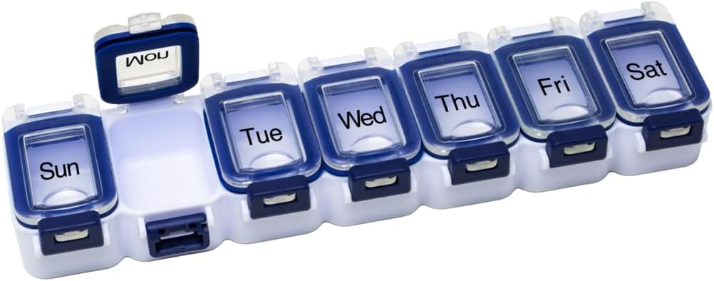 EZY DOSE Weekly (7-Day) Pill Planner, Medicine Case, Vitamin Organizer Box, vattentäta låskomponenter till säker receptbelagd medicinering och förebygga oavsiktlig spillning, blå