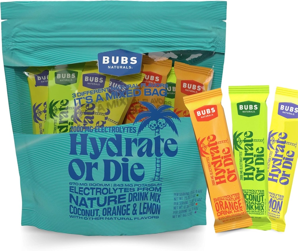 BUBS Naturals Hydration Powder Variety Pack Hydrate eller Die Electrolyte Powder, All-Natural, Keto-Friendly, Gluten-Free, & No Sugar Added, Boosts Energy & Stamina Enhances Recovery, 18 Servings