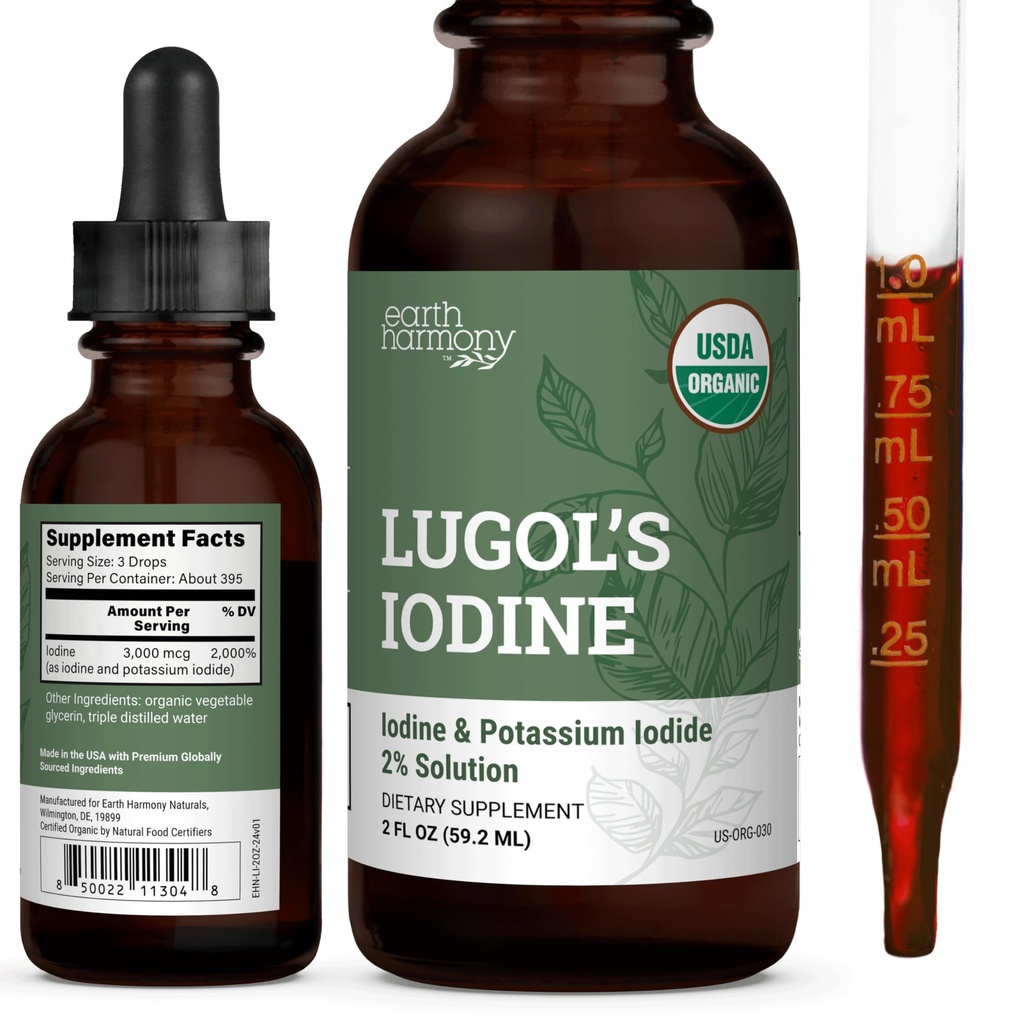 Organic Lugol's Iodine, Iodine and Potassium Iodide 2% Solution 3000 mcg - Liquid Supplement Drops for Thyroid Support for Women & Men, Metabolism Health, Detox Boost - Non-GMO, 395 Servings (2 Oz)