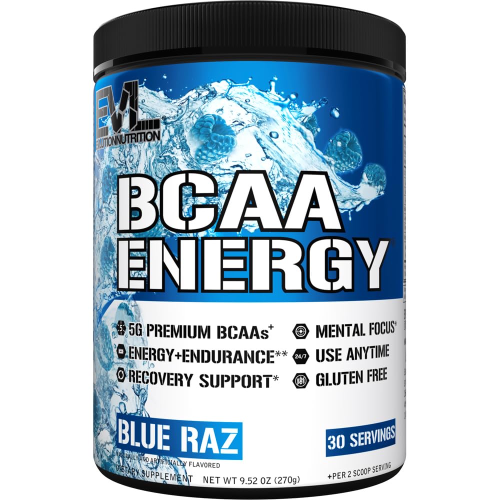 EVL BCAAs Amino Acids Powder - BCAA Energy Pre Workout Powder för muskelåterställning Lean Growth and Endurance - Rehydrating Post Workout Recovery Drink med naturligt koffein - Blue Raz
