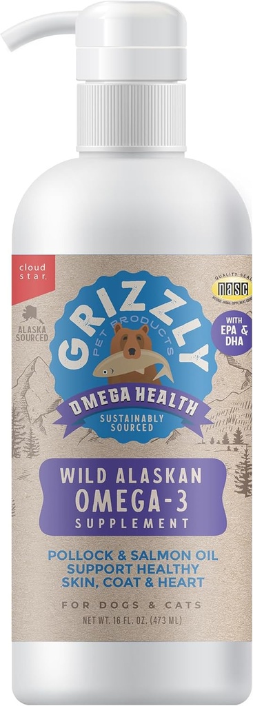 Grizzly Pet Products Omega Health Liquid Omega-3 Supplement för hundar och katter, 16 Ounce Bottle