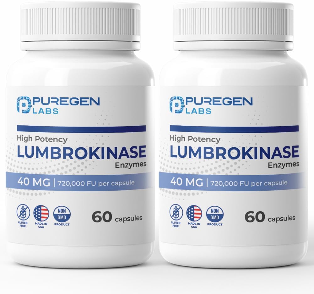 Puregen Labs Lumbrokinase 40mg per Capsule High Potency Supplement | High Activity Lumbrokinase Enzymes | No Harmful Additives | Non-GMO | Gluten Free | Made in USA - Totalt 120 Vegetariska kapslar