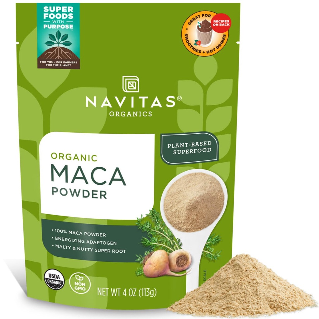 Navitas Organics Maca Powder - 100% Gelatinized Peruvian Maca för Adaptogen Smoothies, Lattes, Baking & More - Energize & Balance - USDA Organic, Non GMO, Vegan, Gluten Free (4oz. Bag, 23 portioner)