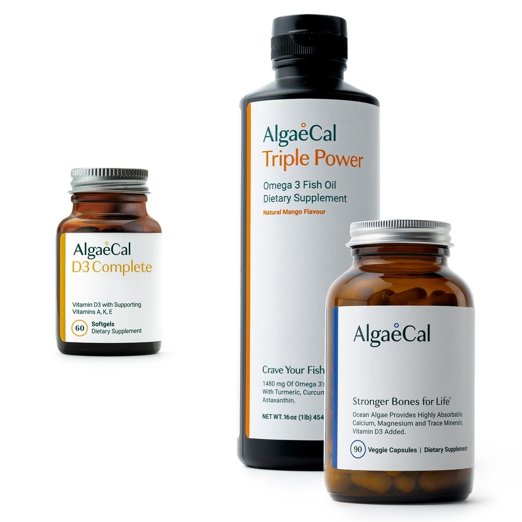 ALGAECAL Bundle - D3 (1000 IE) + K2, Vitamin E, Vitamin A (1000 IE) & Plant-Based Calcium för benstöd & Omega 3 med 1200mg EPA DHA