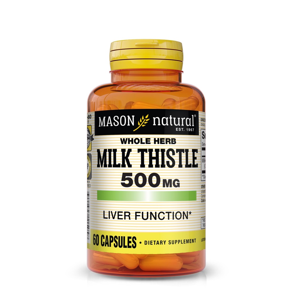 MASON NATURAL Milk Thistle 500 mg - Stöd Hälsosam leverfunktion, rengöring och Detox, Herbal Dietary Supplement, 60 kapslar